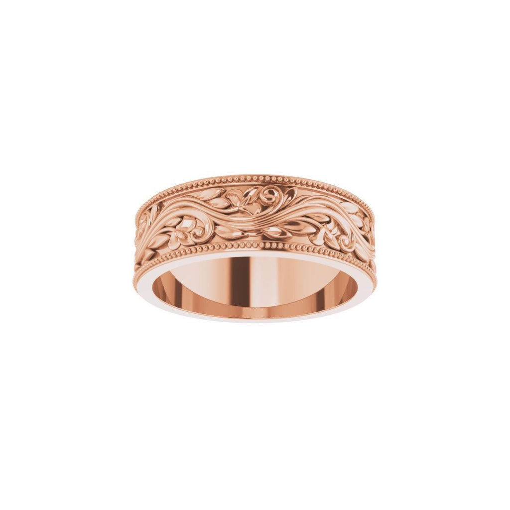 6 mm Milgrain Edge Floral Flat Band in 14k rose gold