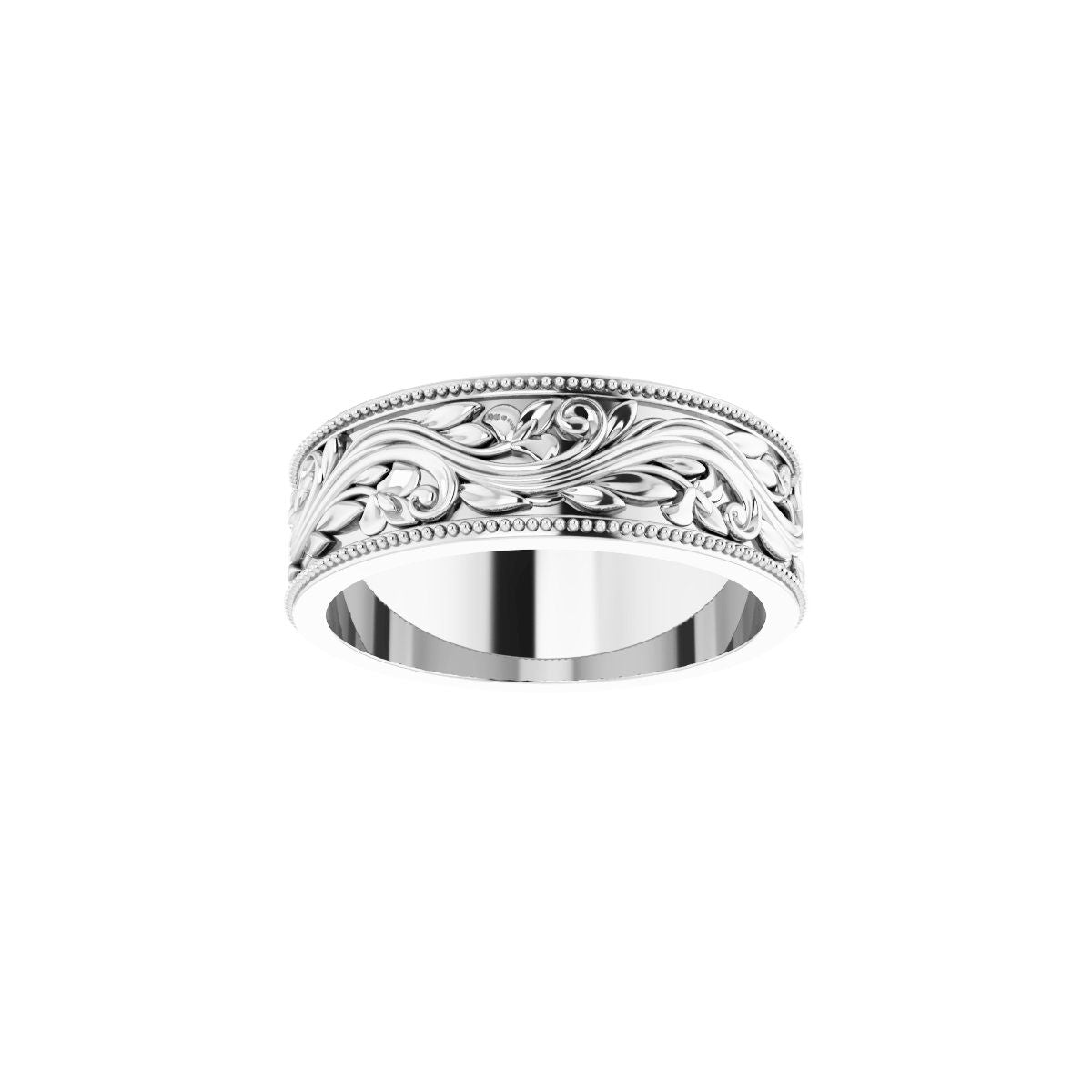 6 mm Milgrain Edge Floral Flat Band in 14k white gold