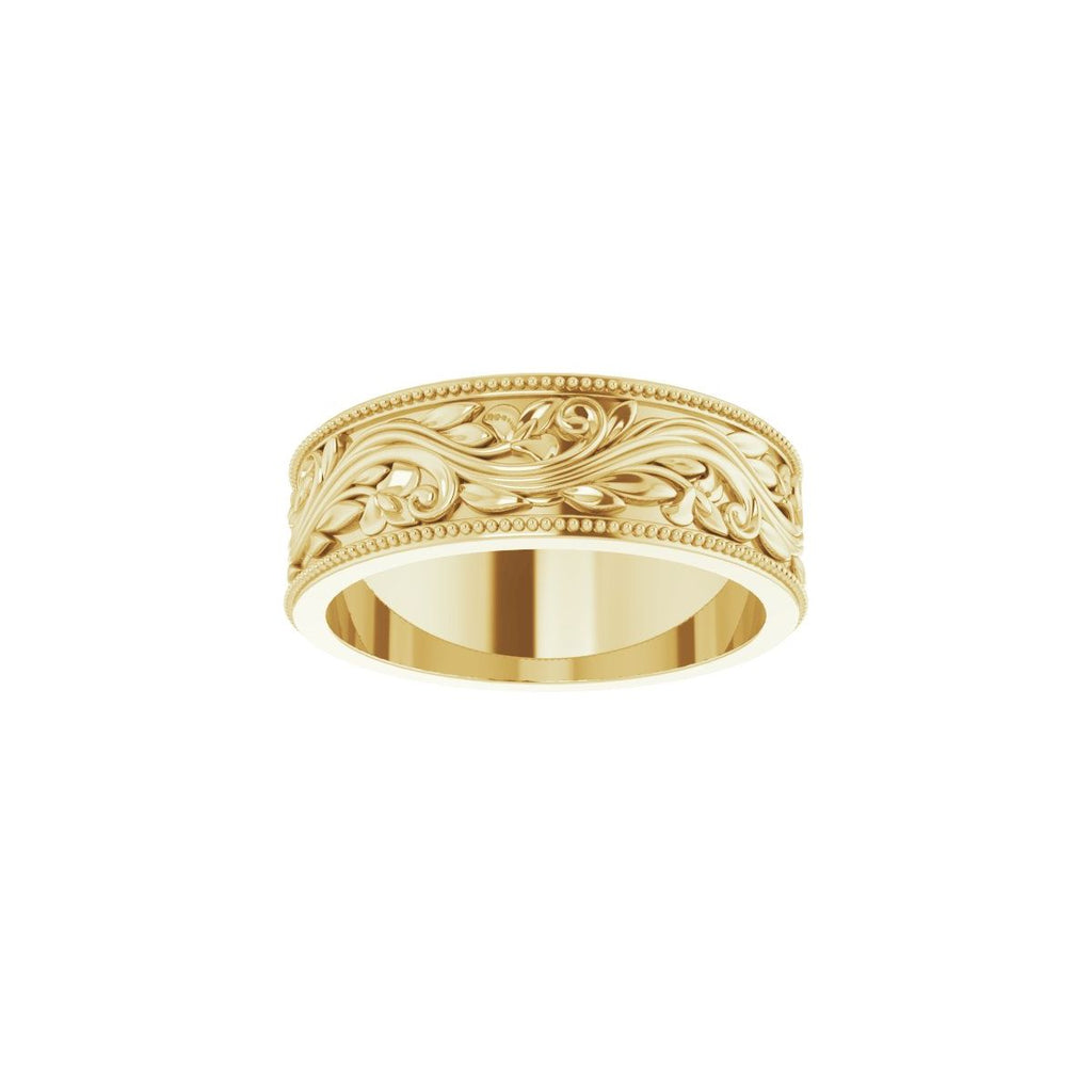 6 mm Milgrain Edge Floral Flat Band in 14k yellow gold