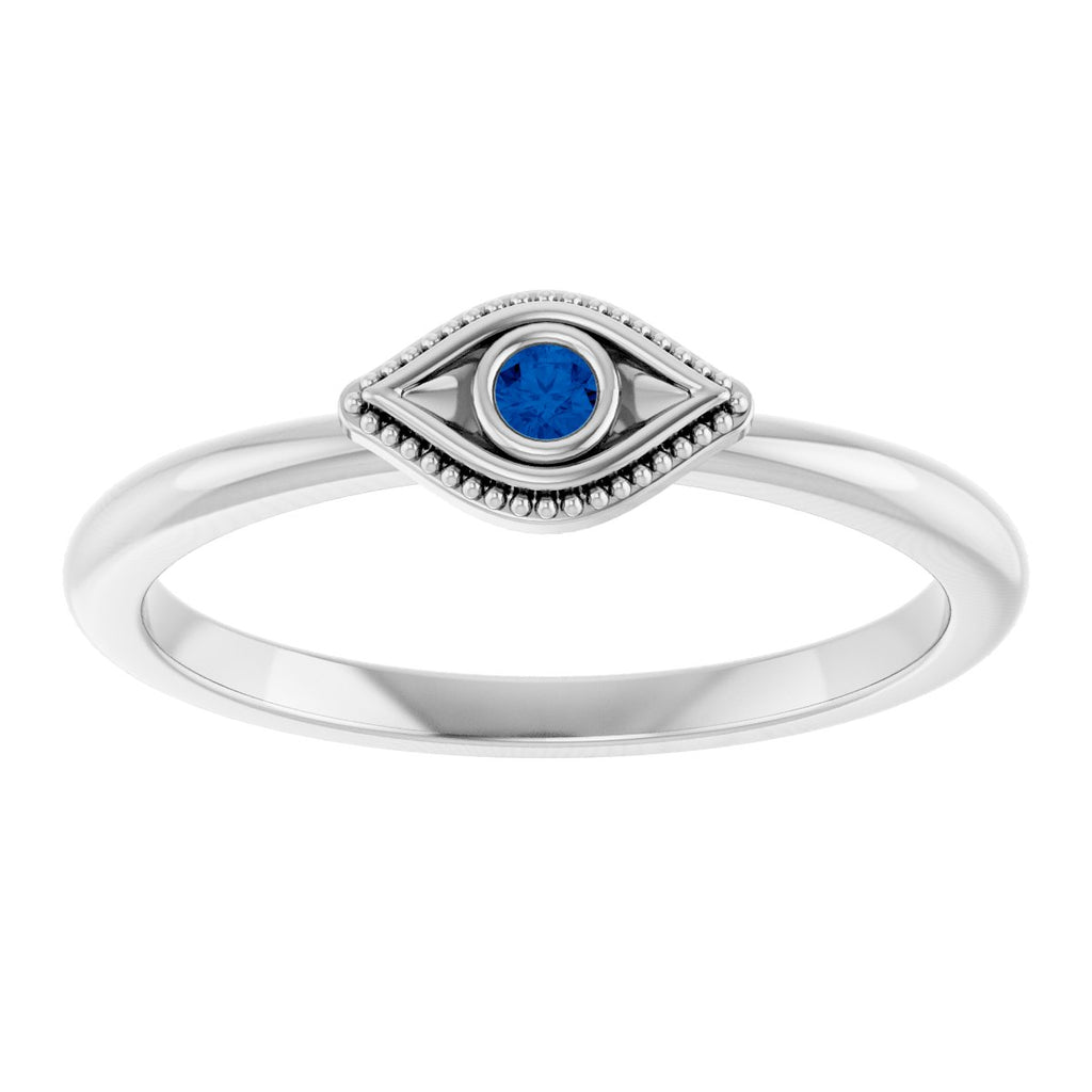 Lab-Grown Blue Sapphire Stackable Evil Eye Ring in 14k white gold
