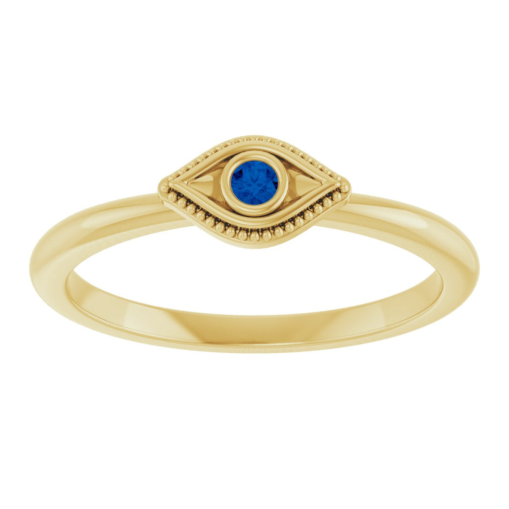 Lab-Grown Blue Sapphire Stackable Evil Eye Ring in 14k yellow gold