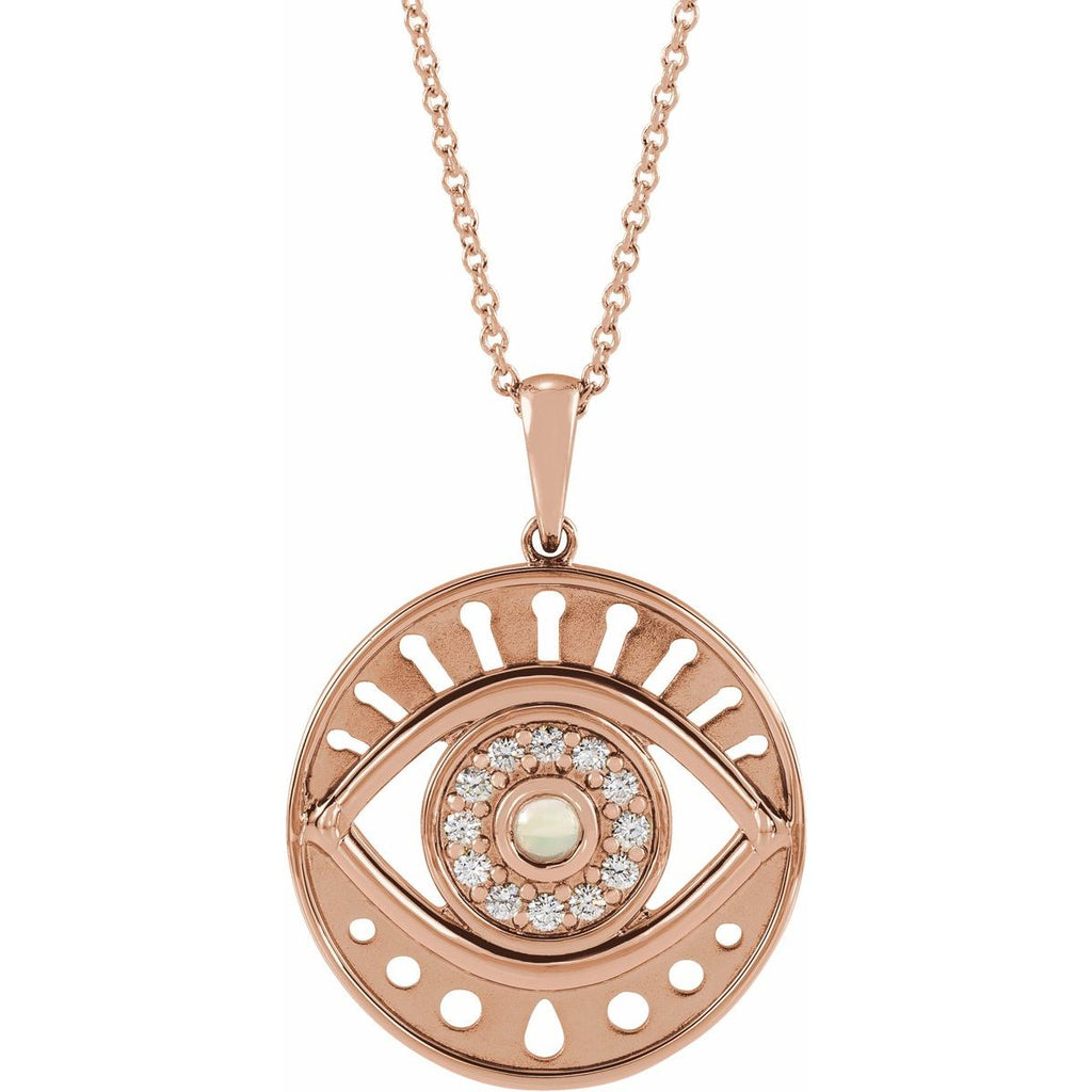 Natural Ethiopian Opal & 1/6 CTW Natural Diamond Evil Eye Necklace in 14k rose gold