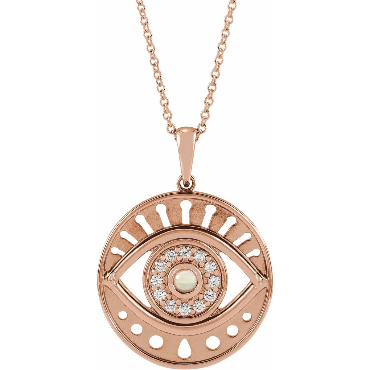Natural Ethiopian Opal & 1/6 CTW Natural Diamond Evil Eye Necklace in 14k rose gold