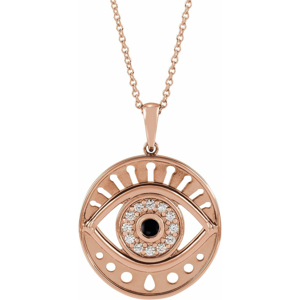 Natural Black Onyx & 1/6 CTW Natural Diamond Evil Eye Necklace in 14k rose gold
