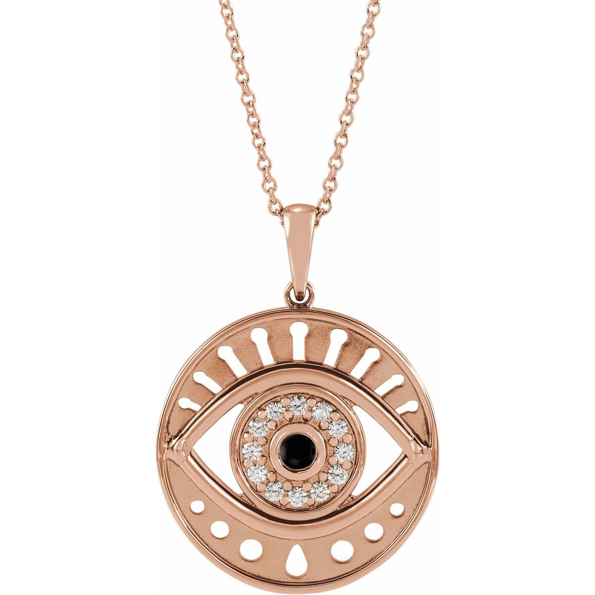 Natural Black Onyx & 1/6 CTW Natural Diamond Evil Eye Necklace in 14k rose gold