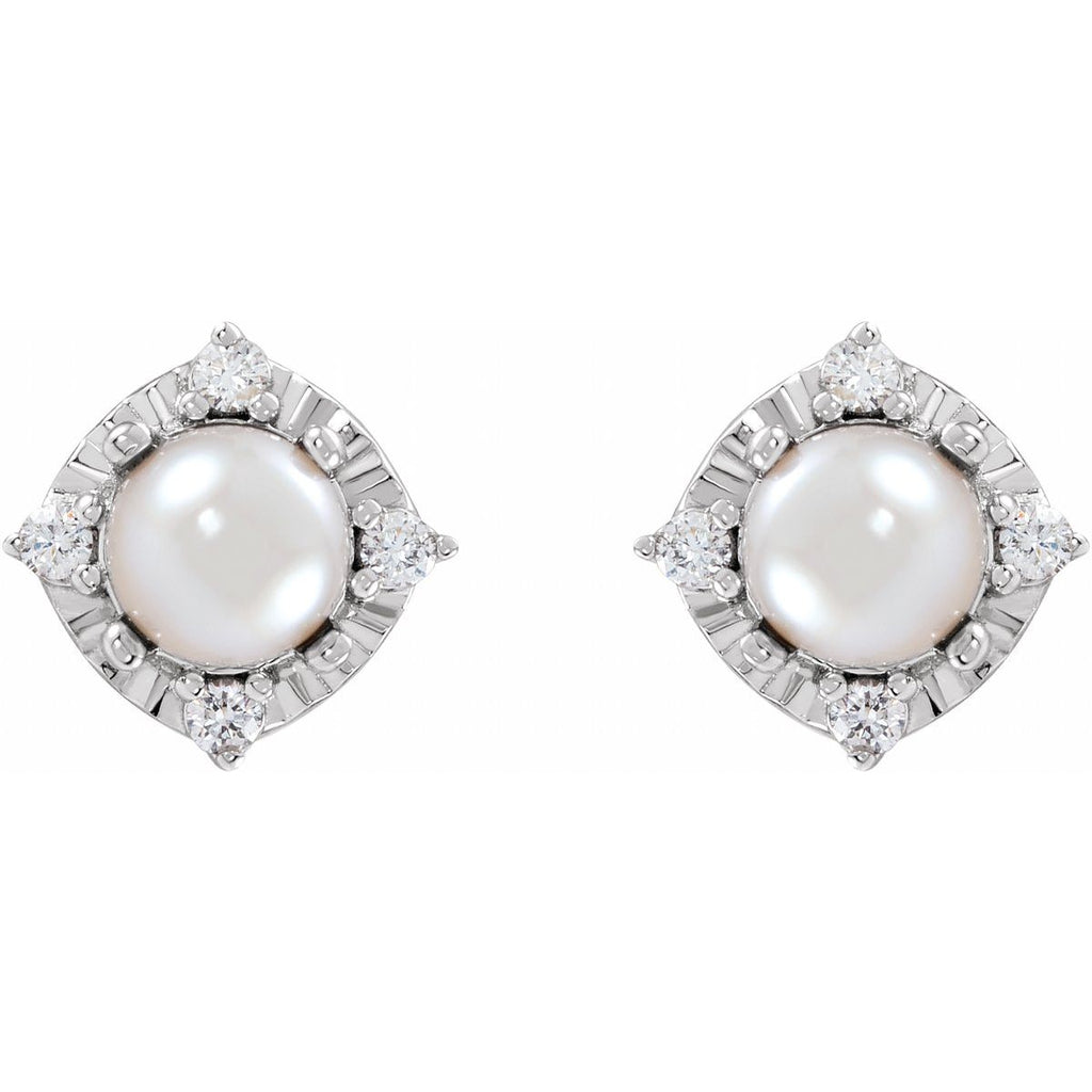 Cultured White Freshwater Pearl & .08 CTW Natural Diamond Halo-Style Earrings in 14k white gold