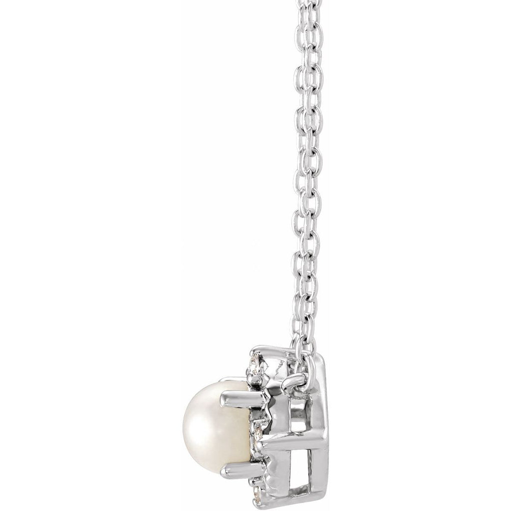 Cultured White Freshwater Pearl & .04 CTW Natural Diamond Halo-Style Necklace in 14k white gold