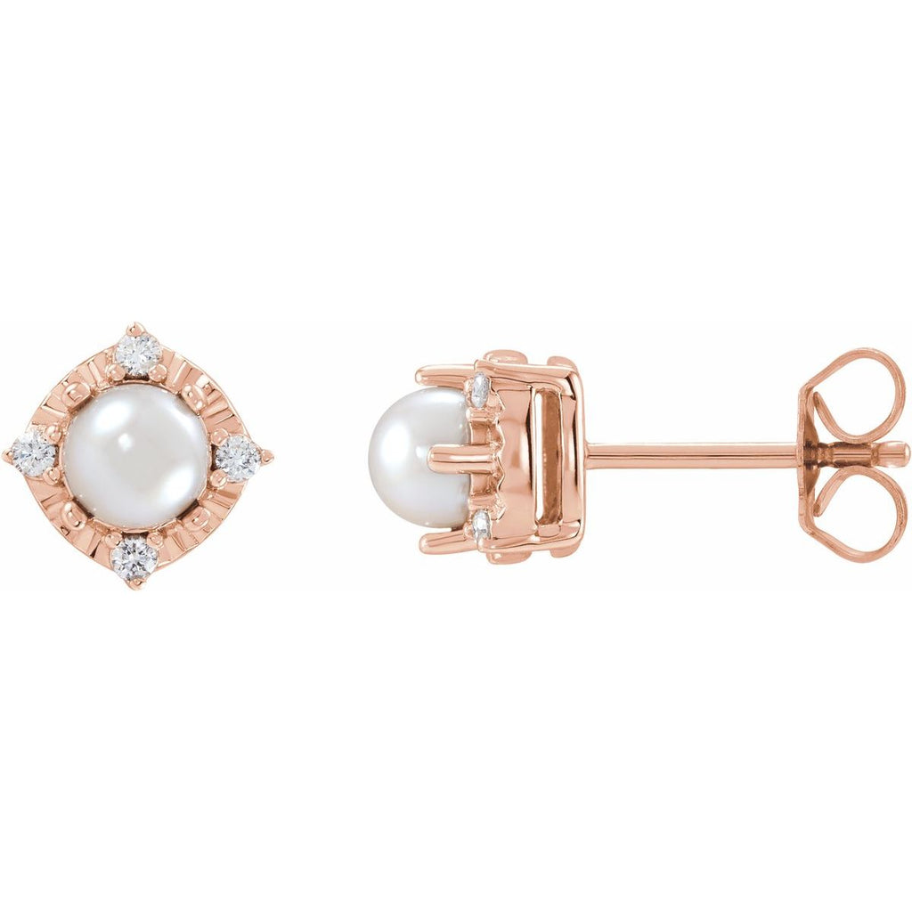 Cultured White Freshwater Pearl & .08 CTW Natural Diamond Halo-Style Earrings in 14k rose gold