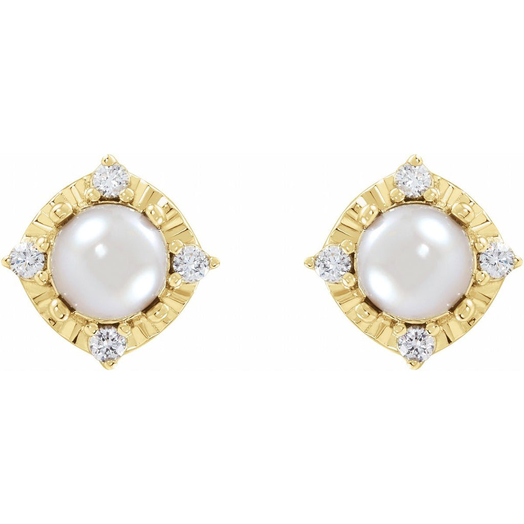 Cultured White Freshwater Pearl & .08 CTW Natural Diamond Halo-Style Earrings in 14k yellow gold