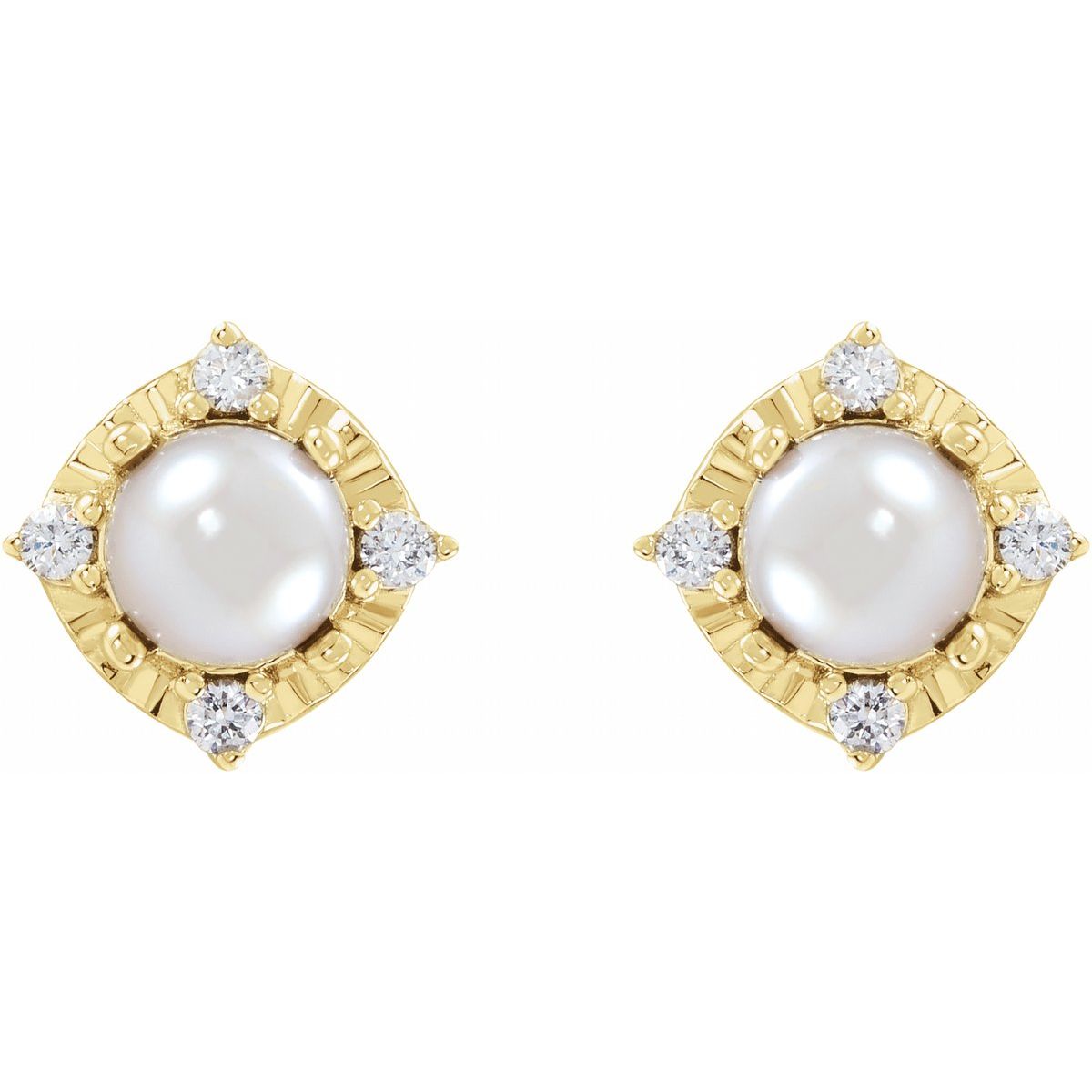 Cultured White Freshwater Pearl & .08 CTW Natural Diamond Halo-Style Earrings in 14k yellow gold