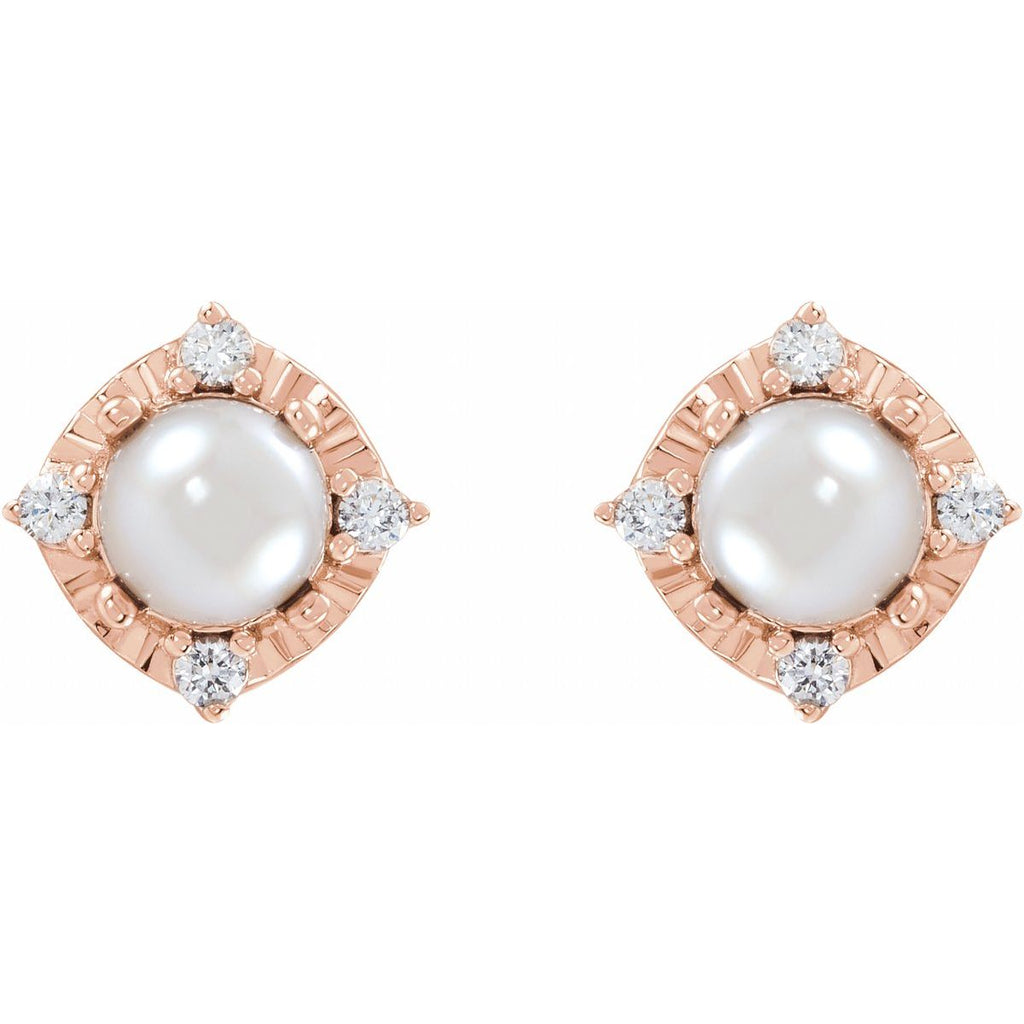 Cultured White Freshwater Pearl & .08 CTW Natural Diamond Halo-Style Earrings in 14k rose gold