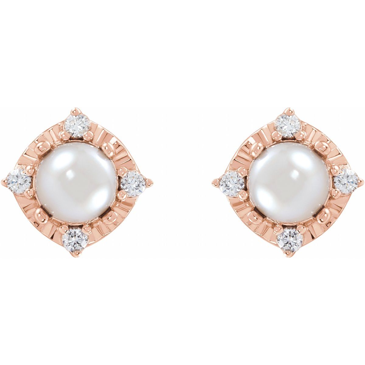 Cultured White Freshwater Pearl & .08 CTW Natural Diamond Halo-Style Earrings in 14k rose gold
