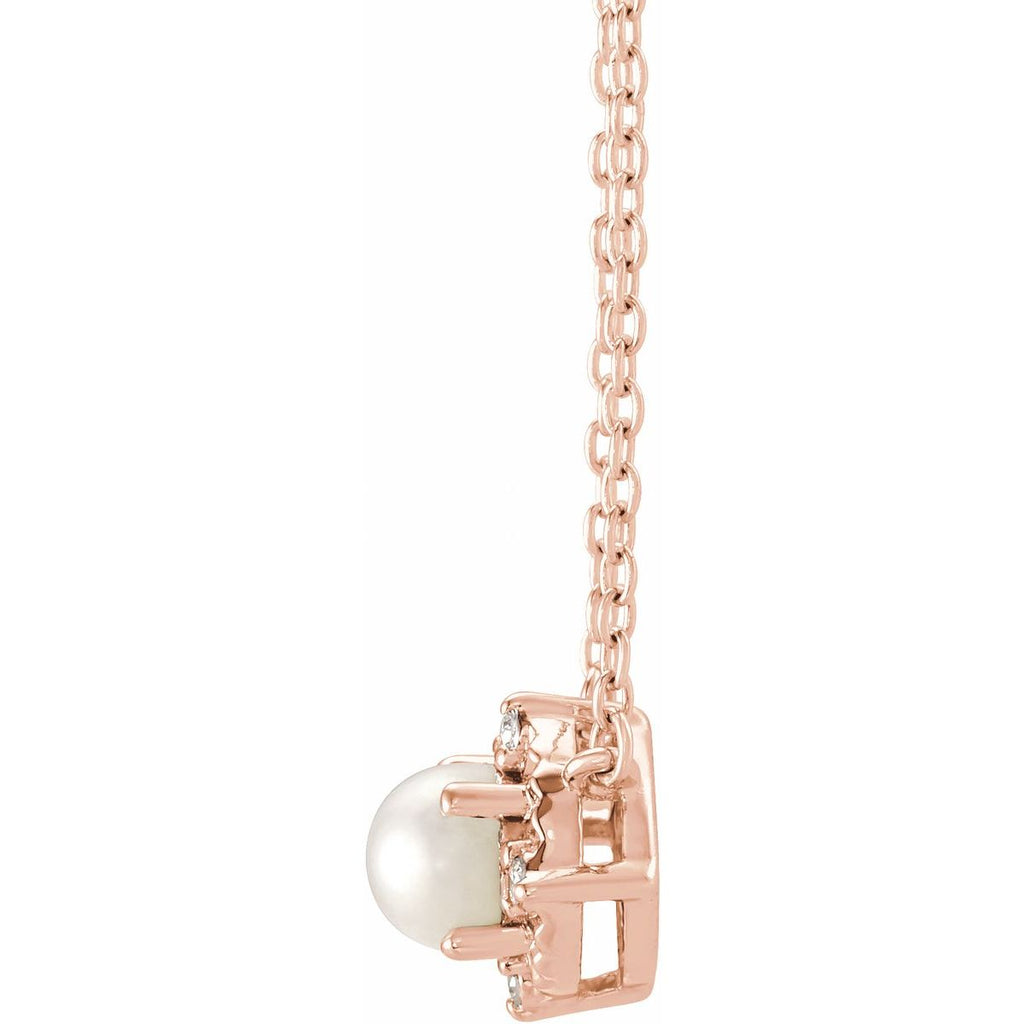 Cultured White Freshwater Pearl & .04 CTW Natural Diamond Halo-Style Necklace in 14k rose gold