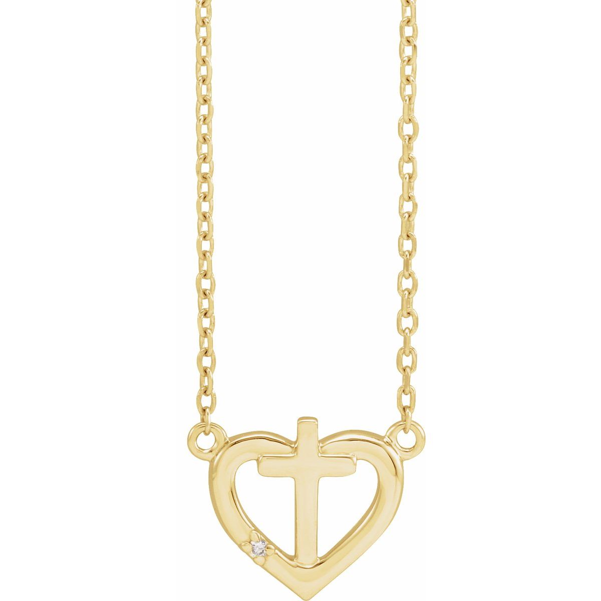 .0025 CT Natural Diamond Heart & Cross Necklace in 14k yellow gold