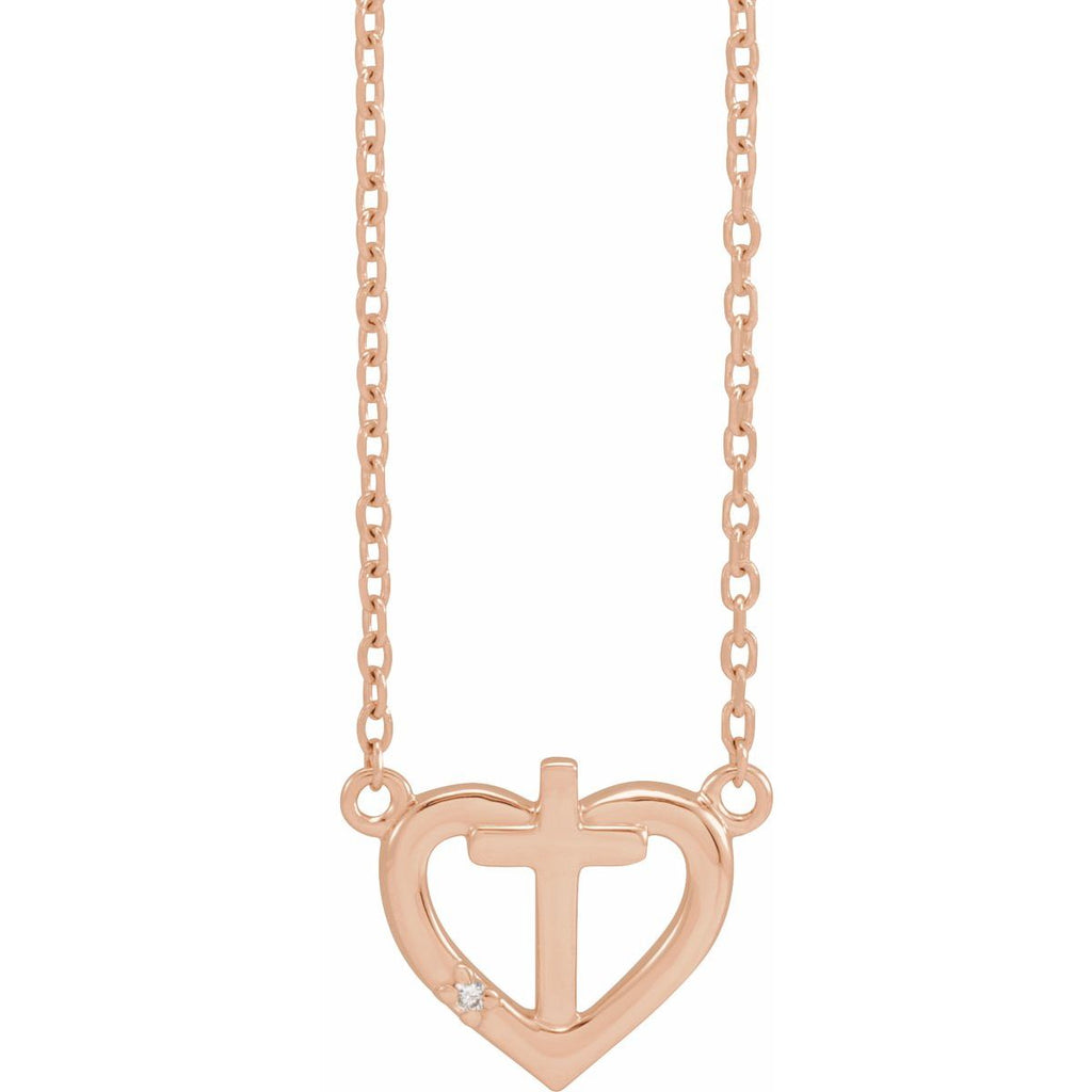 .0025 CT Natural Diamond Heart & Cross Necklace in 14k rose gold