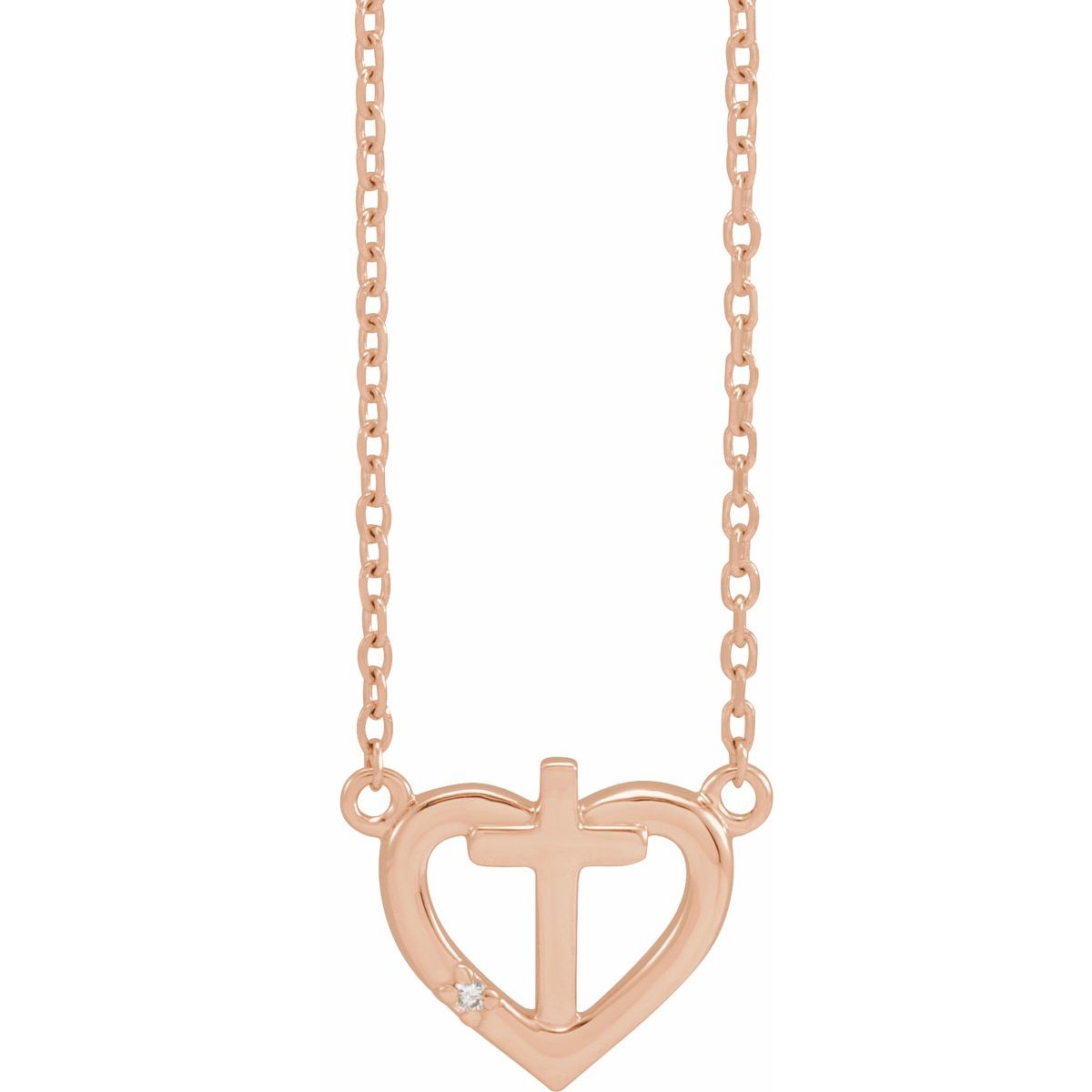 .0025 CT Natural Diamond Heart & Cross Necklace in 14k rose gold