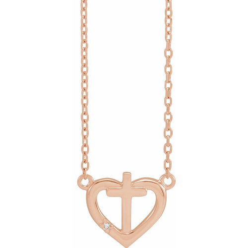 .0025 CT Natural Diamond Heart & Cross Necklace in 14k rose gold