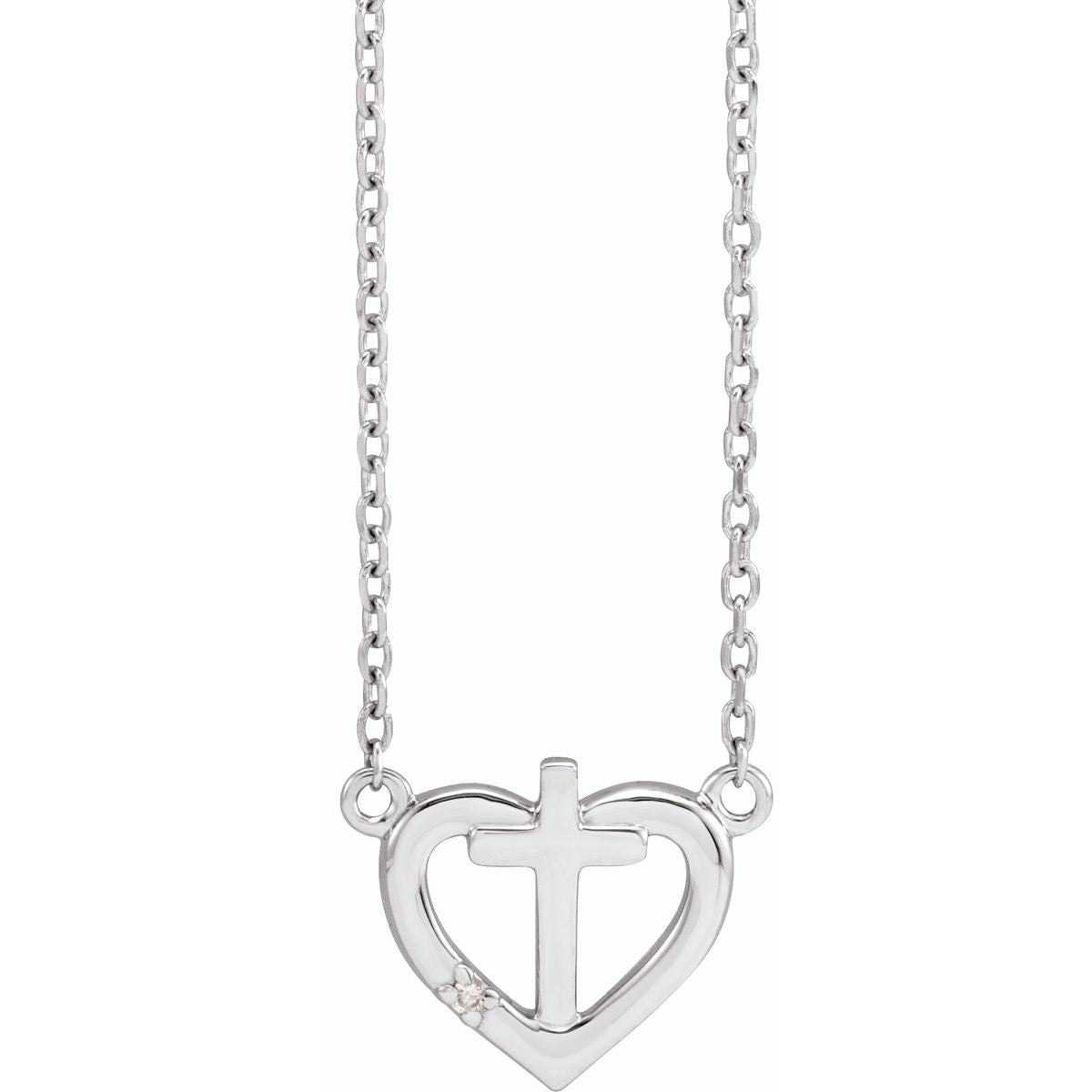 .0025 CT Natural Diamond Heart & Cross Necklace in 14k white gold