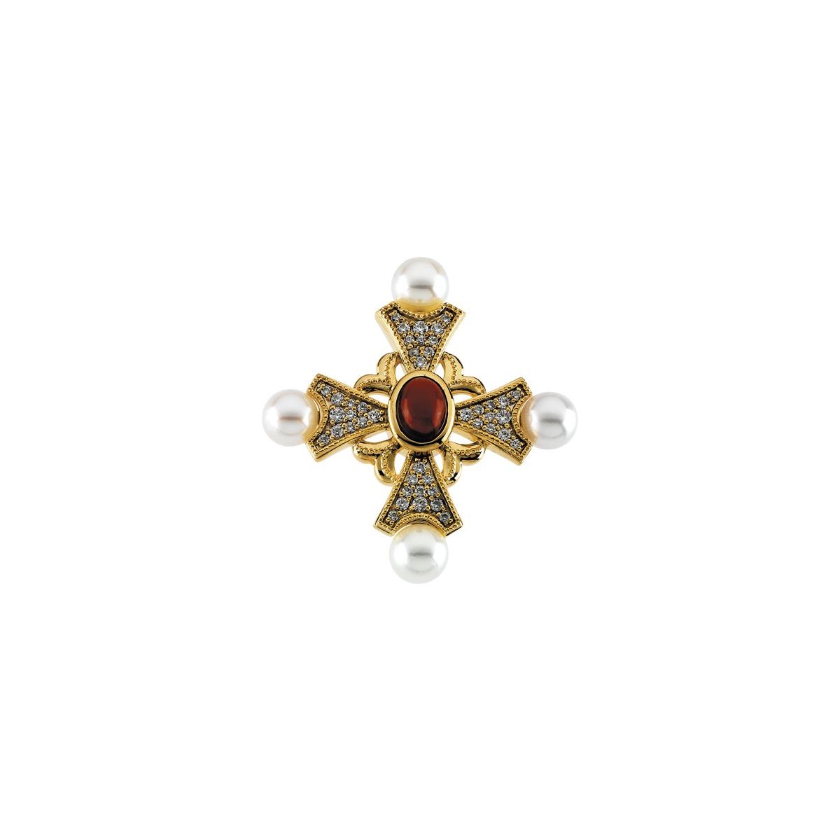 Natural Mozambique Garnet, Cultured White Akoya Pearl & 1/2 CTW Natural Diamond Cross Pendant in 14k yellow gold